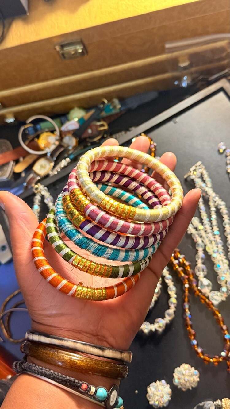 (6) Handcrafted Multi-Color Silk Thread Wrapped Bangle Bracelets